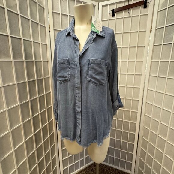 Heart velvet blouse, women,Jeans,size M,blue,Tencel,long sleeves,pockets, button - Picture 3 of 13